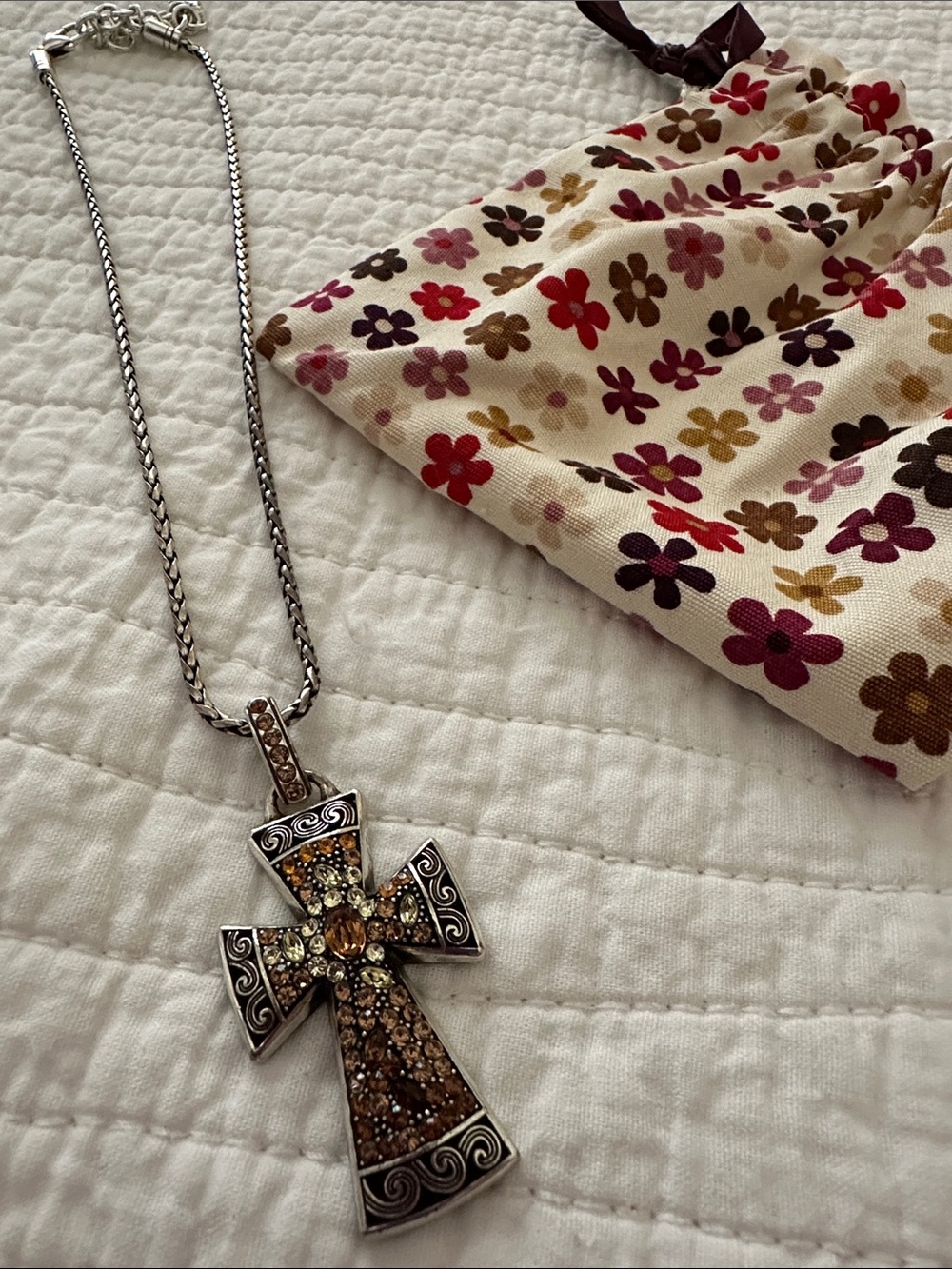 Brighton Silver-tone Cross Necklace with Amber and Champagne Crystals
